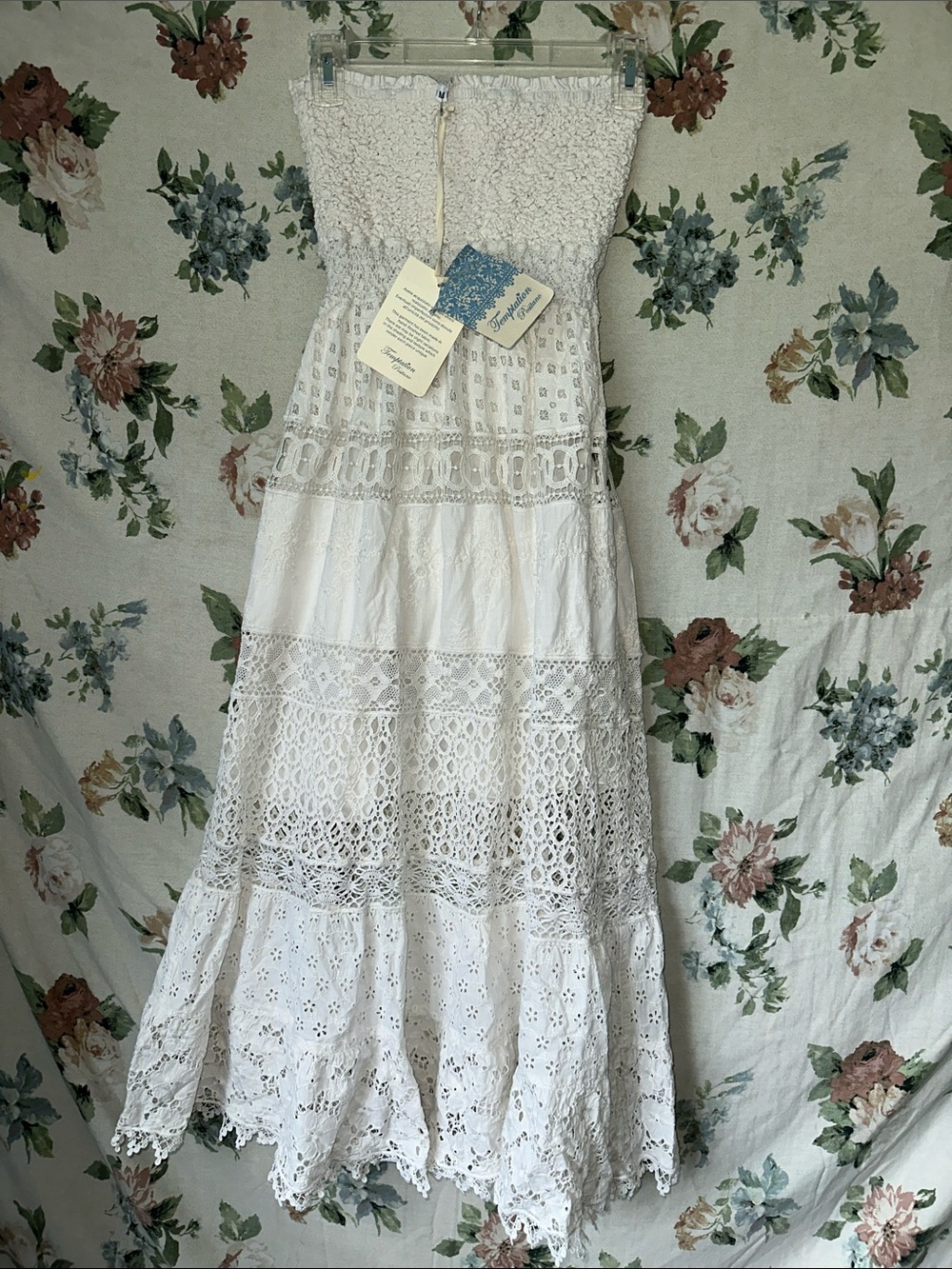 Temptations White Strapless Lace & Eyelet Maxi Dress